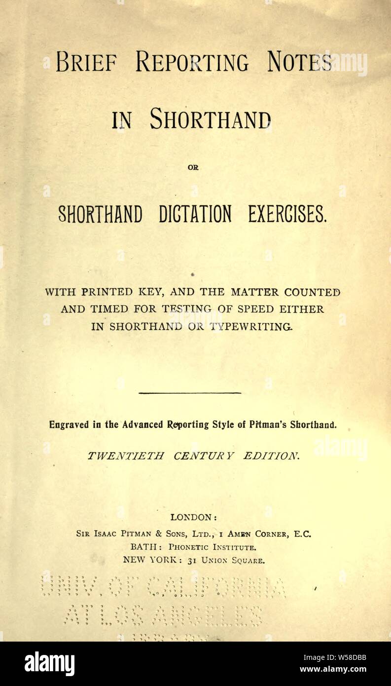 Kurze Berichterstattung Hinweise in Kurzform; oder, Kurzschrift Diktat Übungen. Mit gedruckten Schlüssel, und die Angelegenheit gezählt und mit Zeitschaltung für das Testen der Geschwindigkeit entweder in Kurzschrift und Maschinenschreiben. In der erweiterten Berichterstattung der Kurzschrift von Pitman eingraviert: Pitman, Isaak, Sir, 1813-1897 Stockfoto