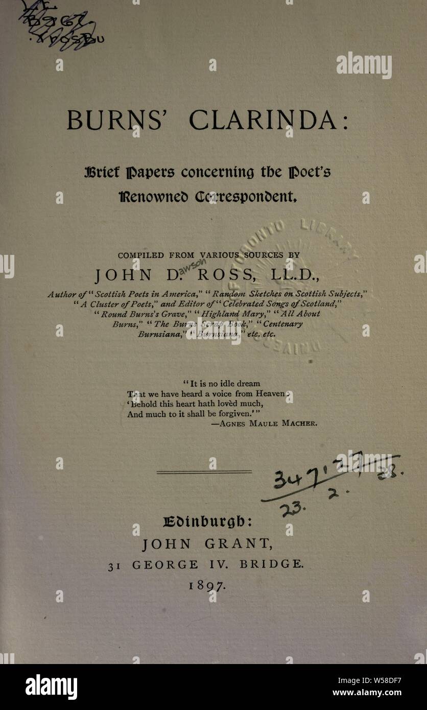 Burns' Clarinda: Kurze Vorträge über renommierte Korrespondent des Dichters. Von John D. Ross: Ross, John Dawson, 1853-1939 zusammengestellt Stockfoto