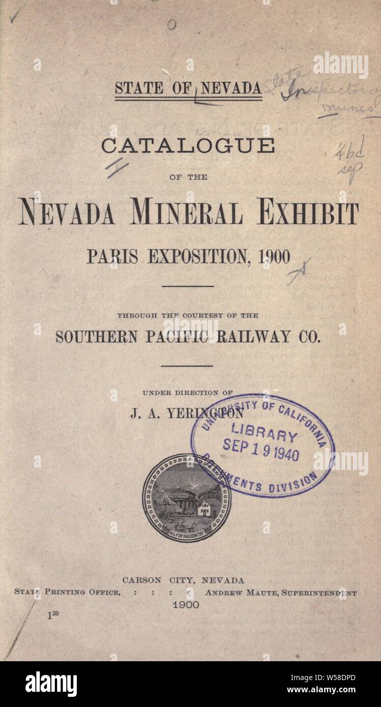 Katalog der Nevada Mineral Ausstellung, Exposition, Paris 1900, durch die Höflichkeit der Southern Pacific Railway Co. unter der Leitung von J.A. Yerington: Nevada Stockfoto