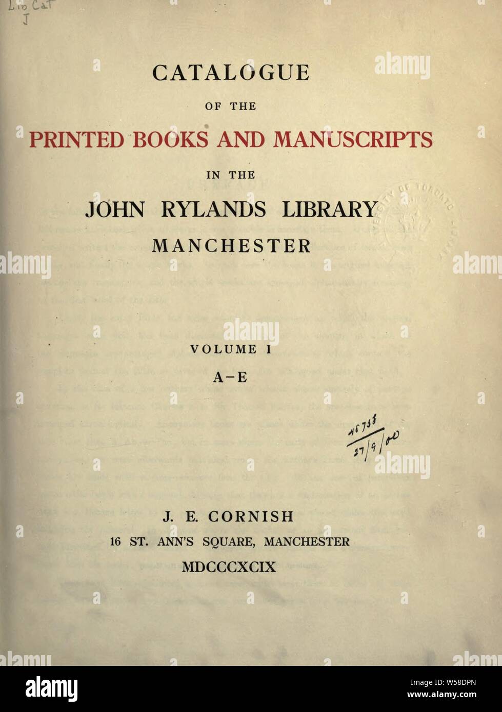 Katalog der gedruckten Bücher und MSS: John Rylands Library, Manchester Stockfoto