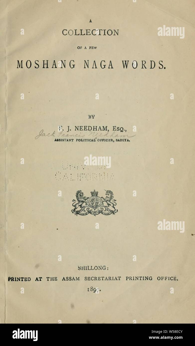 Eine Sammlung von ein paar Moshang Naga Wörter: Needham, Jack Francis, 1842-1924 Stockfoto