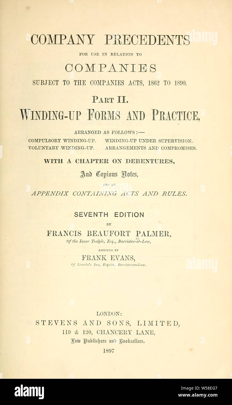 Firma Präzedenzfälle für die Verwendung in Bezug auf Unternehmen, für die das Unternehmen agiert, 1862 bis 1890 ... : Palmer, Francis Beaufort, Sir, 1845-1917 Stockfoto