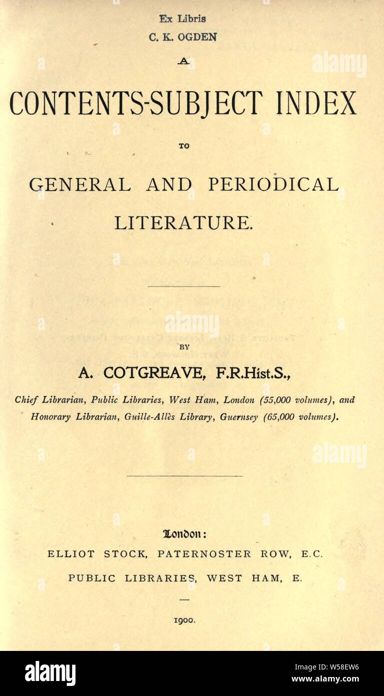 Ein Inhalt - Index zu allgemein und der periodischen Literatur: Cotgreave, Alfred, 1849 Stockfoto