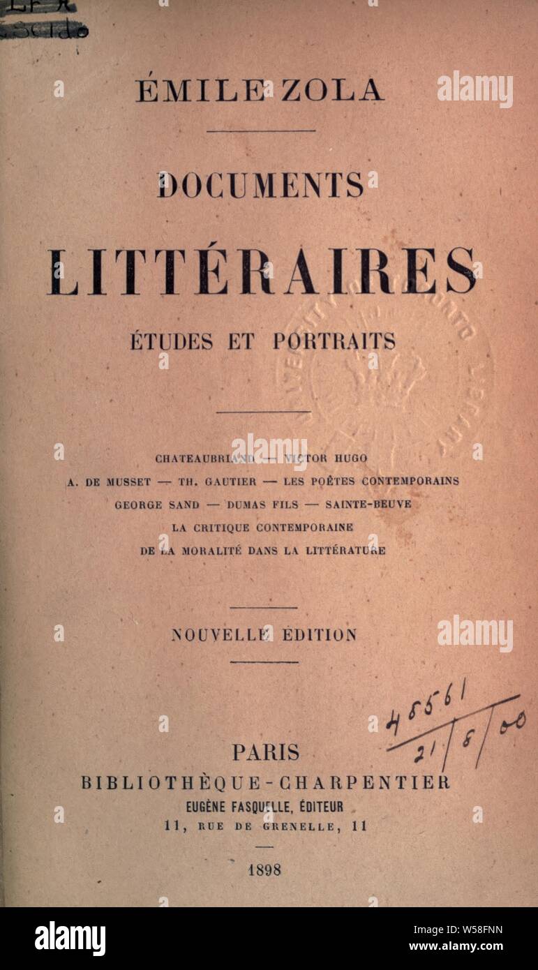 Dokumente: Études littéraires et Portraits: Zola, Emile, 1840-1902 Stockfoto