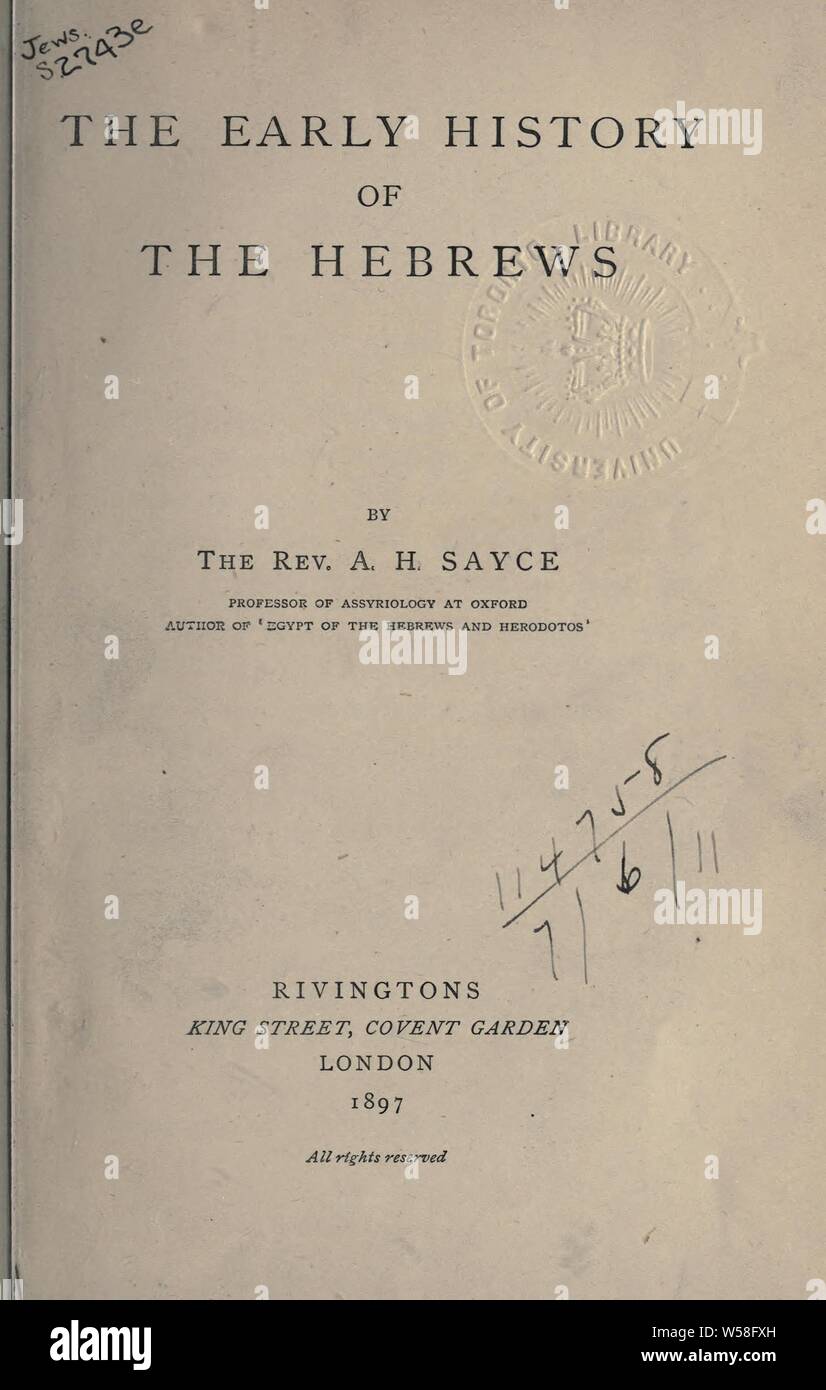 Die frühe Geschichte der Hebräer: Sayce, A. H. (Archibald Henry), 1845-1933 Stockfoto