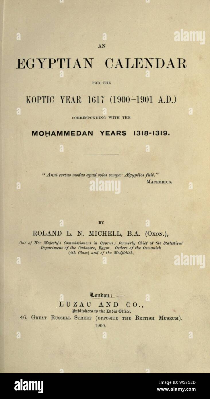 Ein Ägyptischer Kalender für das Jahr 1617 Koptic (1900-1901 N.CHR.) entsprechen den Mohammedanischen Jahre 1318-1319: Michell, Roland L. N Stockfoto