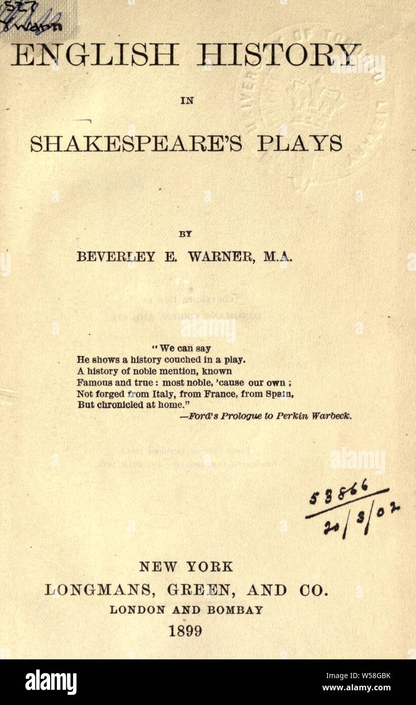 Englische Geschichte in Shakespeares Dramen: Warner, Beverley Ellison, 1855-1910 Stockfoto