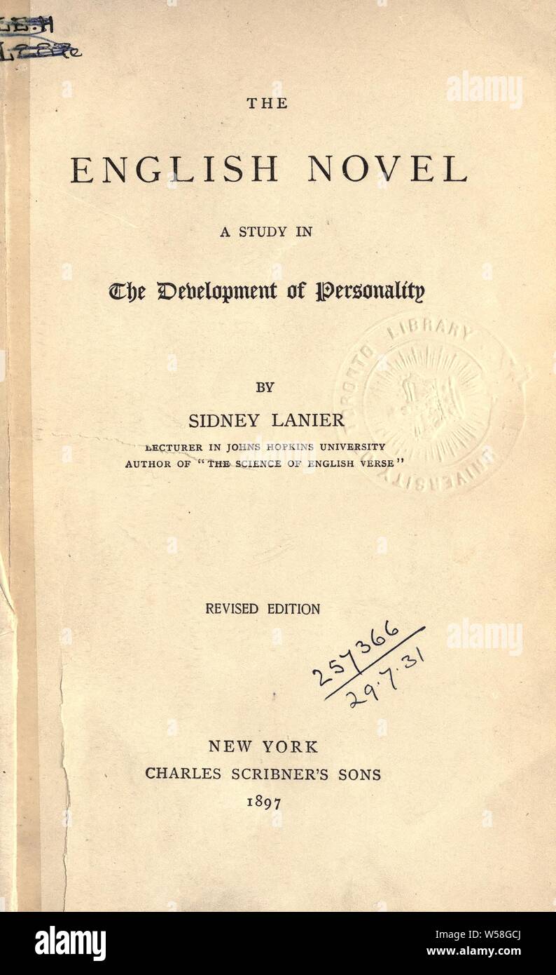 Der englische Roman; eine Studie, die in der Entwicklung der Persönlichkeit: Lanier, Sidney, 1842-1881 Stockfoto