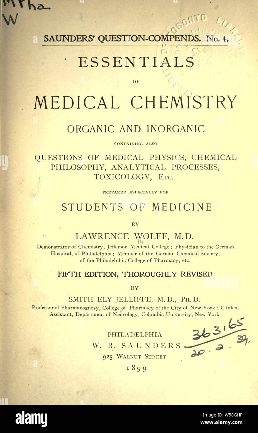 Essentials für medizinische Chemie, Organische und Anorganische.. : Wolff, Lawrence Stockfoto
