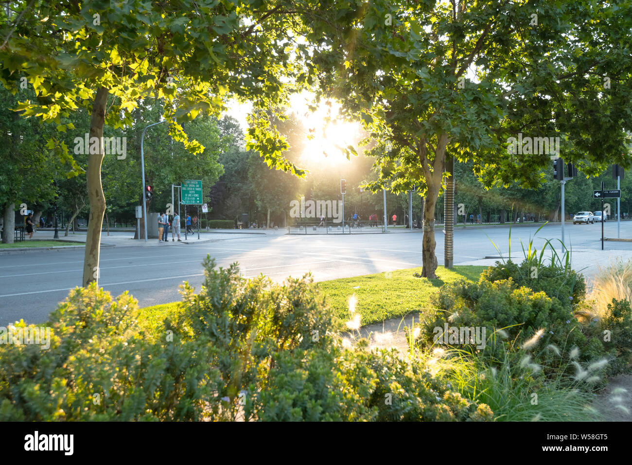 Region Metropolitana, Santiago, Chile - Kreuzung in die forstliche Park in der Innenstadt mit einer untergehenden Sonne. Stockfoto