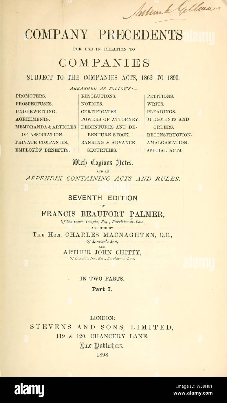 Firma Präzedenzfälle für die Verwendung in Bezug auf Unternehmen, für die das Unternehmen agiert, 1862 bis 1890 ... : Palmer, Francis Beaufort, Sir, 1845-1917 Stockfoto