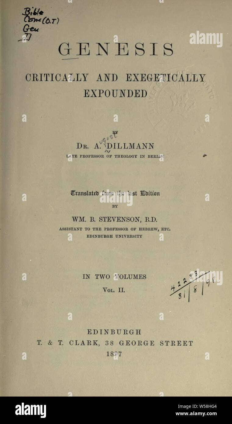 Genesis, kritisch und exegetically dargelegt;: Dillmann, August, 1823-1894 Stockfoto
