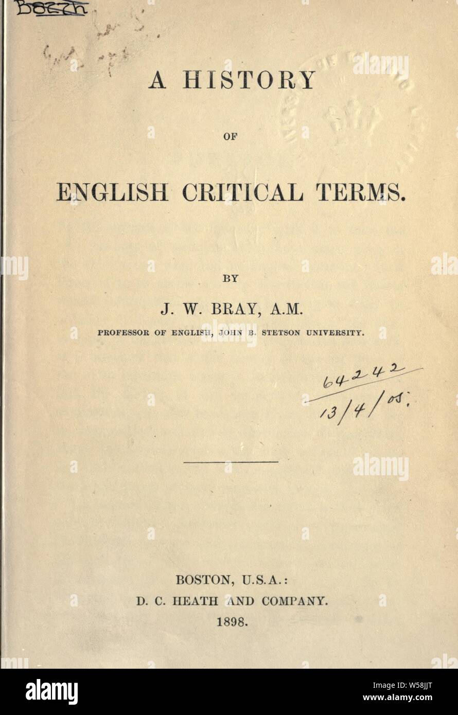 Eine Geschichte der Englischen kritische Begriffe: Bray, Jeremia Wesley Stockfoto