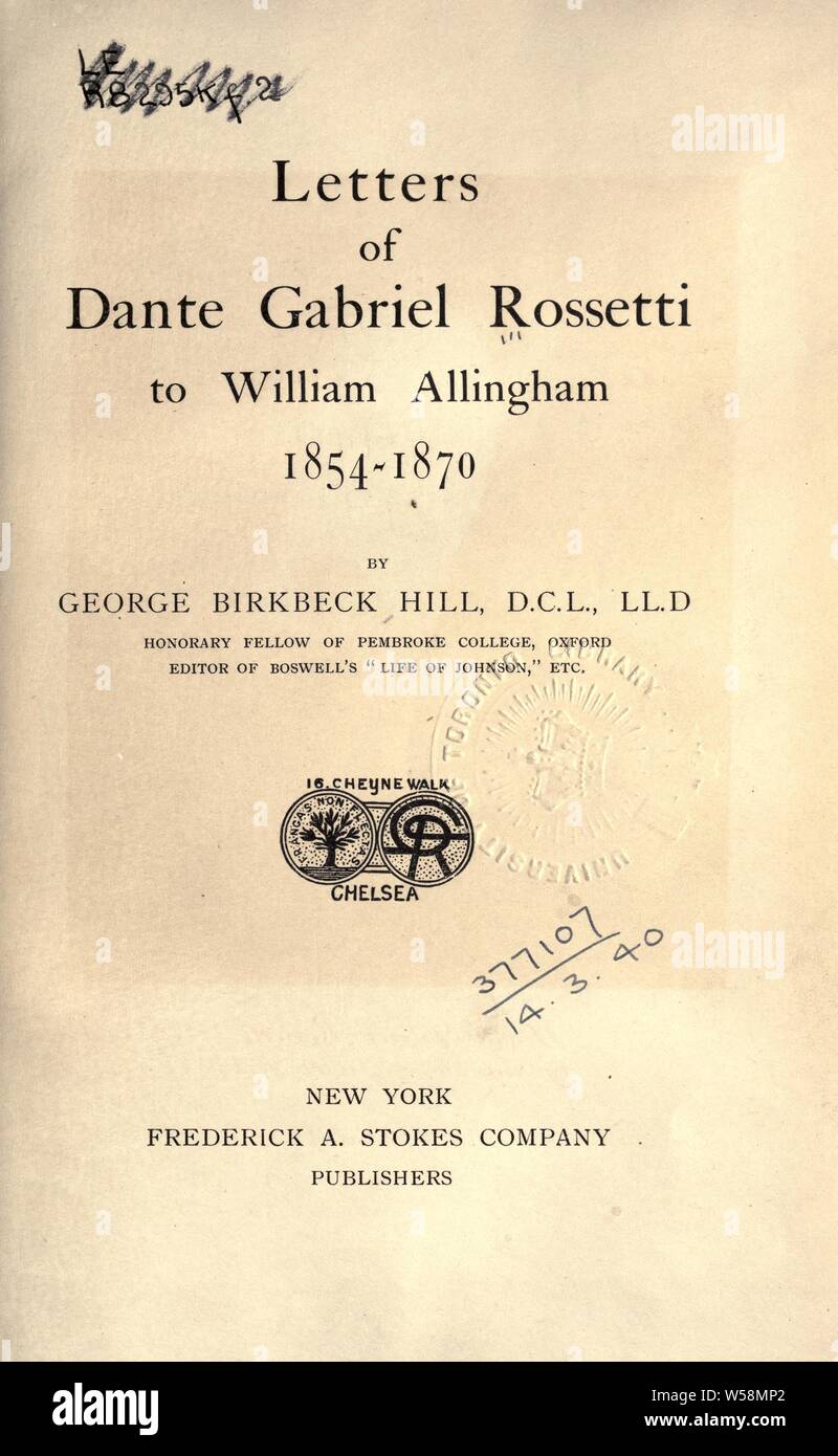 Briefe von Dante Gabriel Rossetti zu William Allingham, 1854-1870: Rossetti, Dante Gabriel, 1828-1882 Stockfoto