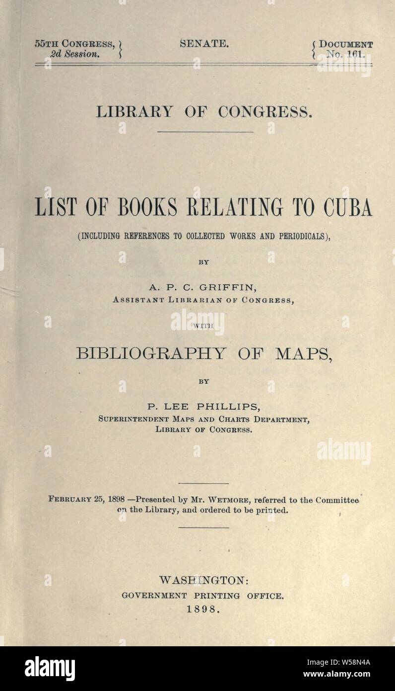 Liste der Bücher über Kuba: (einschließlich Verweise auf gesammelte Werke und Zeitschriften): Bibliothek des Kongresses Stockfoto