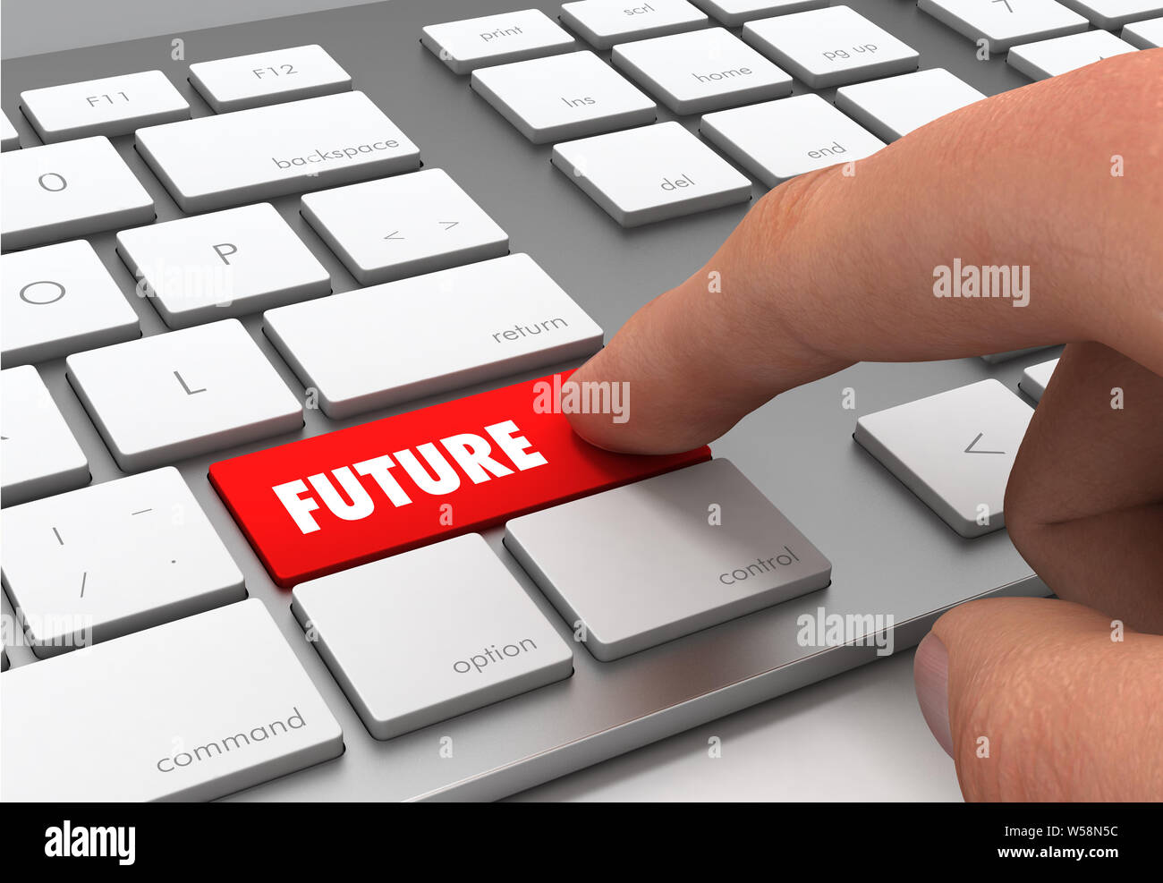 Zukunft Push Button Konzept 3D-Illustration isoliert Stockfoto
