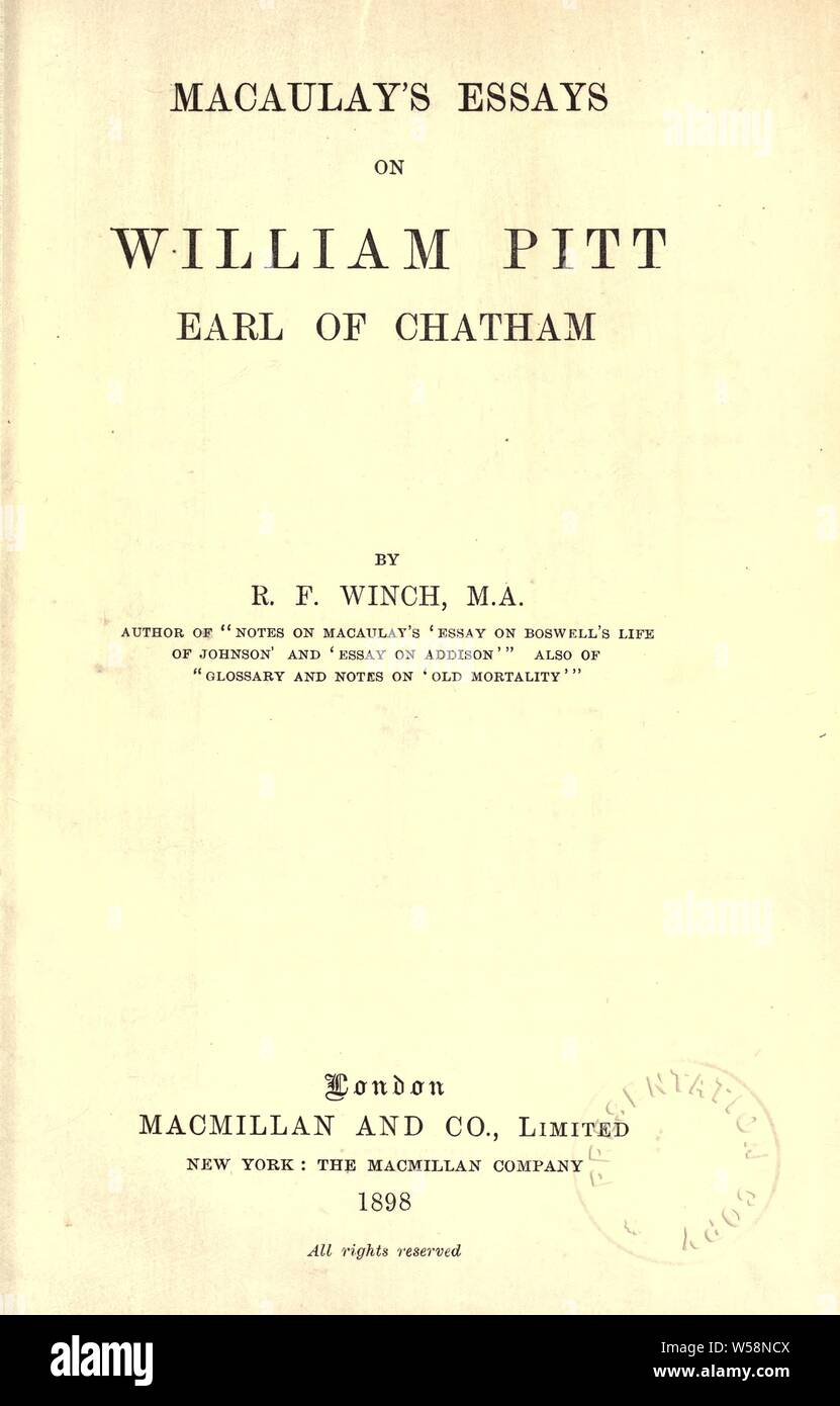 Macaulay's Essays über William Pitt, Earl of Chatham: Seilwinde, R. F Stockfoto