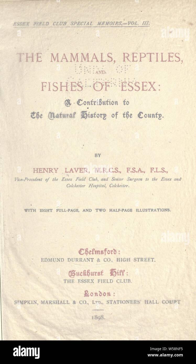 Die Säugetiere, Reptilien und Fische von Essex; ein Beitrag zur natürlichen Geschichte der Grafschaft: Laver, Henry, 1829 Stockfoto