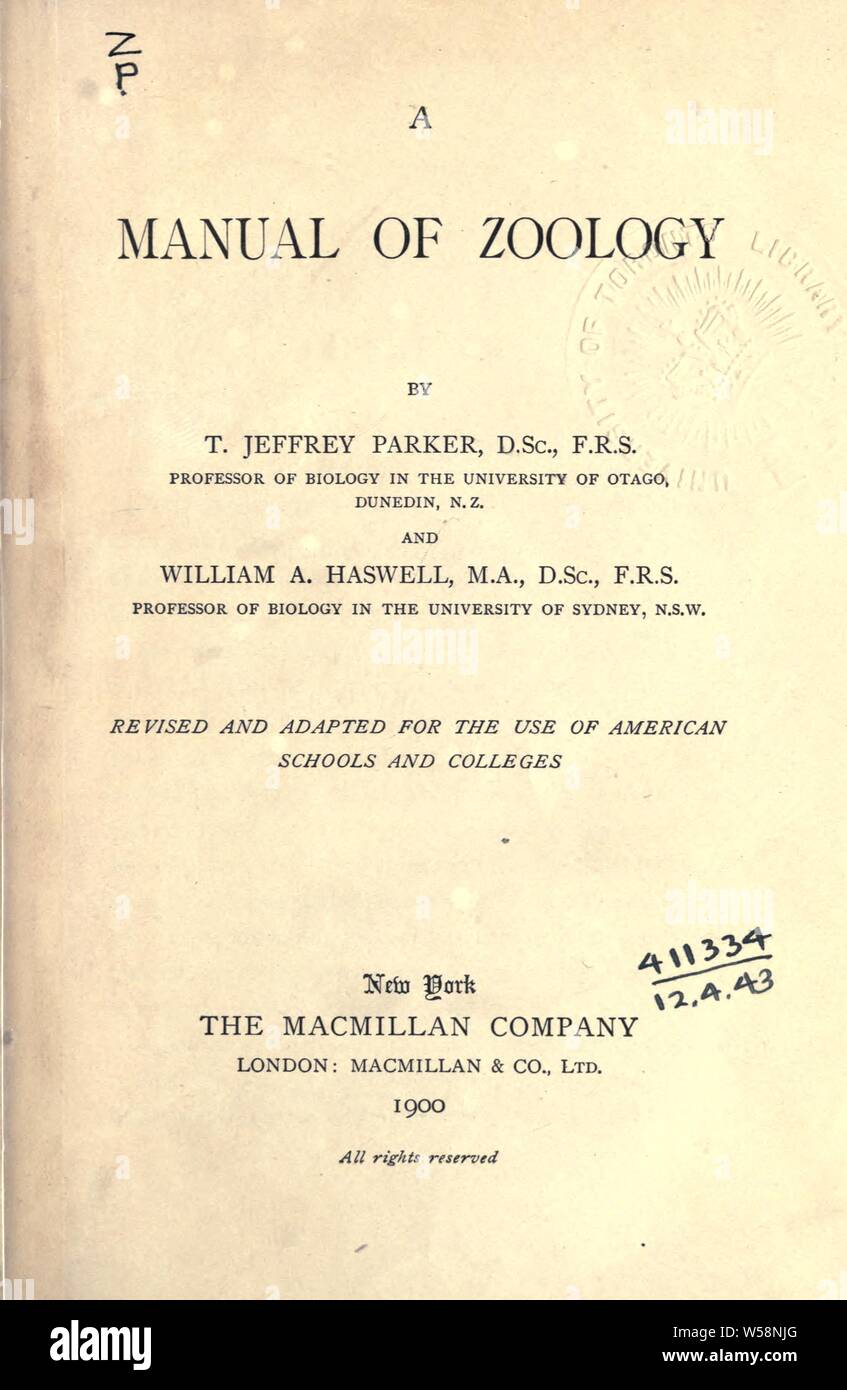 Ein Handbuch der Zoologie: Parker, T. Jeffery (Thomas Jeffery), 1850-1897 Stockfoto