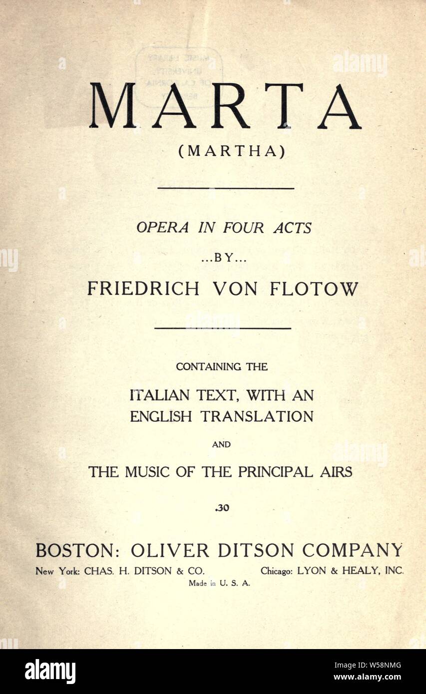 Marta = Martha: Oper in vier Akten: Flotow, Friedrich von, 1812-1883 Stockfoto