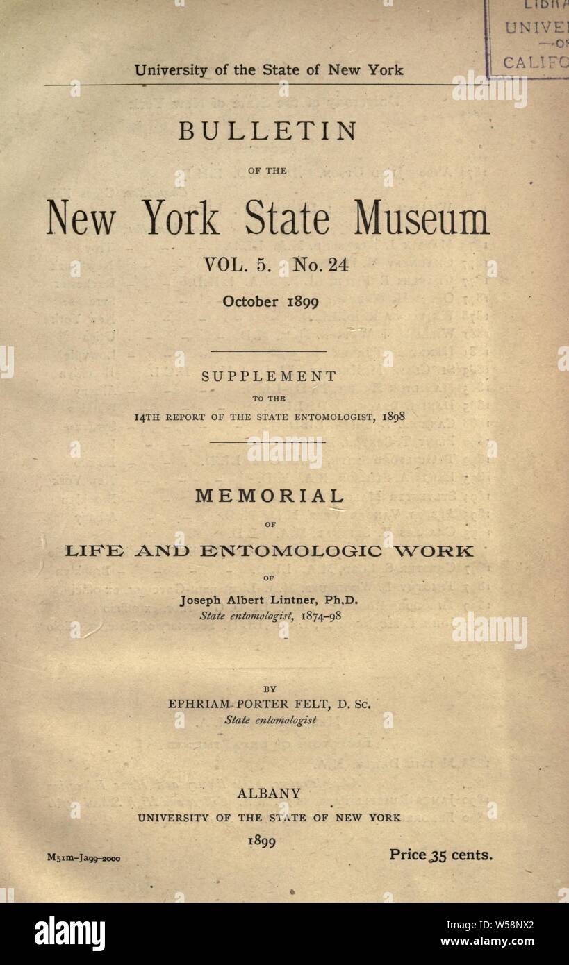 Gedenken an Leben und Werk von Joseph Albert entomologic Lintner, Entomologe, 1874-98: Filz, Ephraim Porter, 1868-1943 Stockfoto