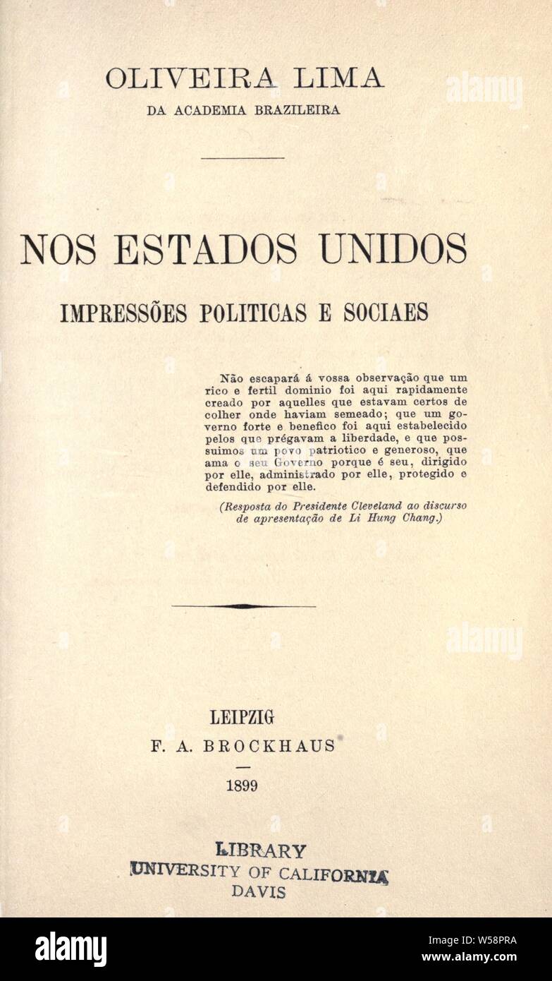 Nos Estados Unidos, impressões politicas e sociaes: Lima, Oliveira, 1867-1928 Stockfoto
