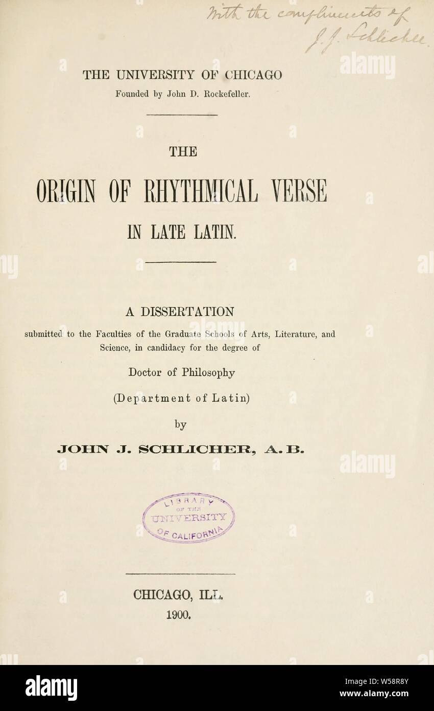 Der Ursprung des rhythmischen Vers im späten Latein.. : Schlicher, John Jacob, b. 1869 Stockfoto