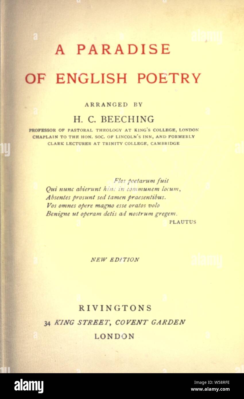 Ein Paradies der Englischen Poesie: Beeching, H. C. (Henry Charles), 1859-1919 Stockfoto