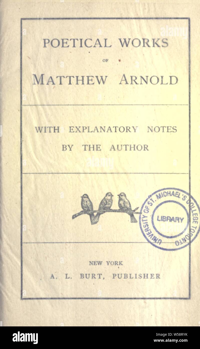 Poetische Werke von Matthew Arnold: Arnold, Matthew, 1822-1888 Stockfoto