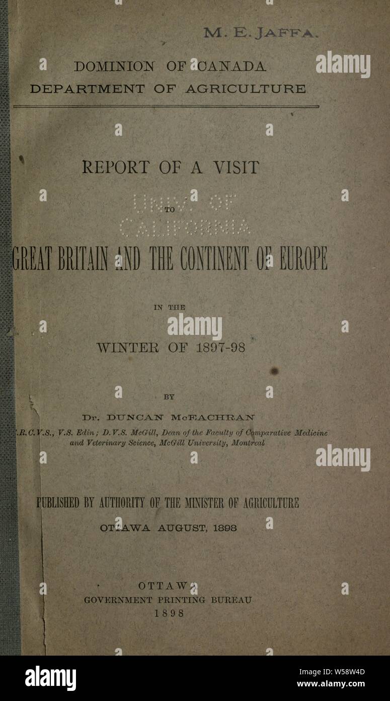 Bericht von einem Besuch in Großbritannien und dem europäischen Kontinent im Winter 1897-98: Kanada. Abt. der Landwirtschaft Stockfoto