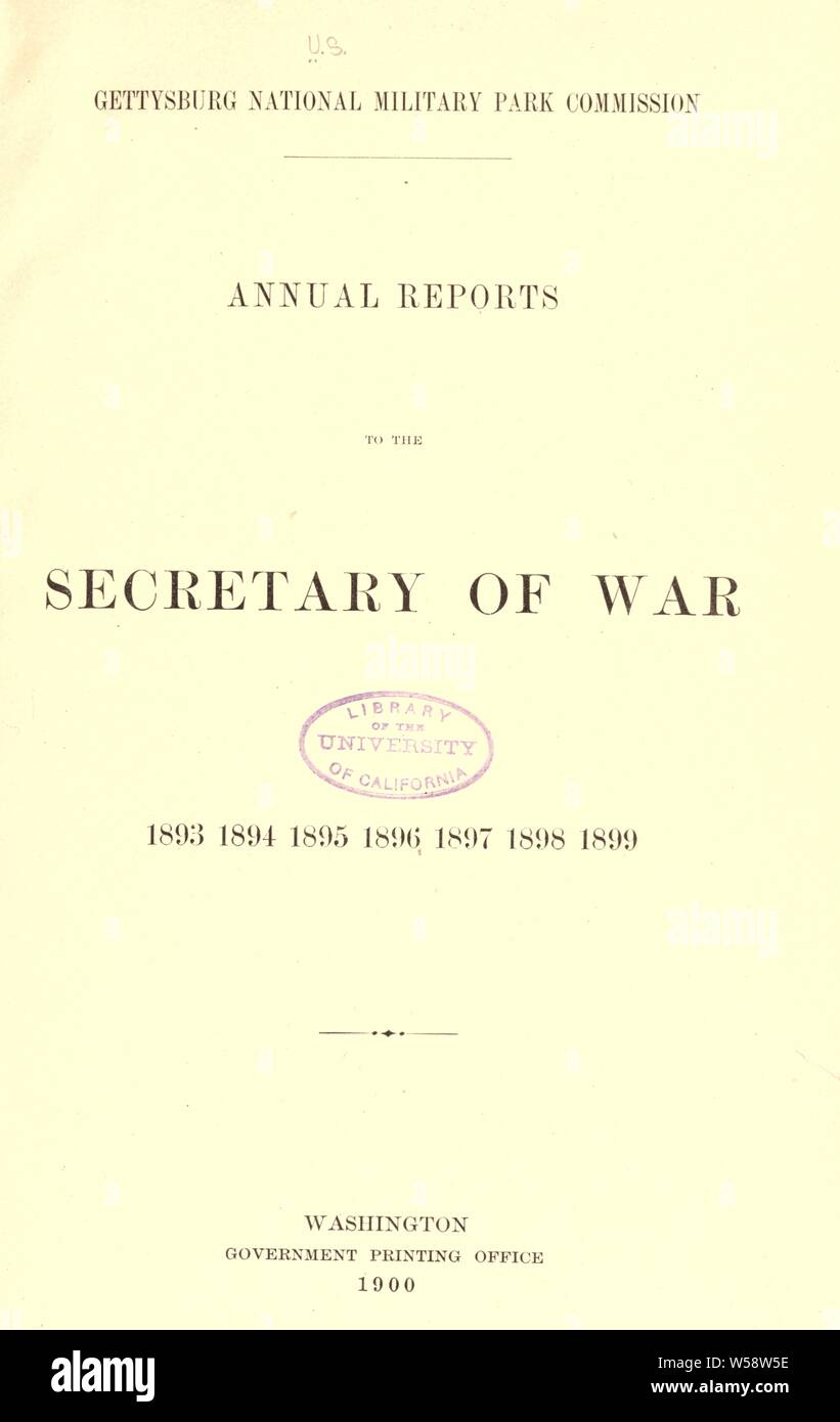 Jährliche Berichte an den Sekretär des Krieges; 1893, 1894, 1895, 1896, 1897, 1898, 1899: Gettysburg National Military Park Kommission Stockfoto