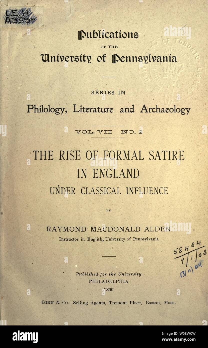 Der Aufstieg des formalen Satire in England unter klassischen beeinflussen: Alden, Raymond Macdonald, 1873-1924 Stockfoto