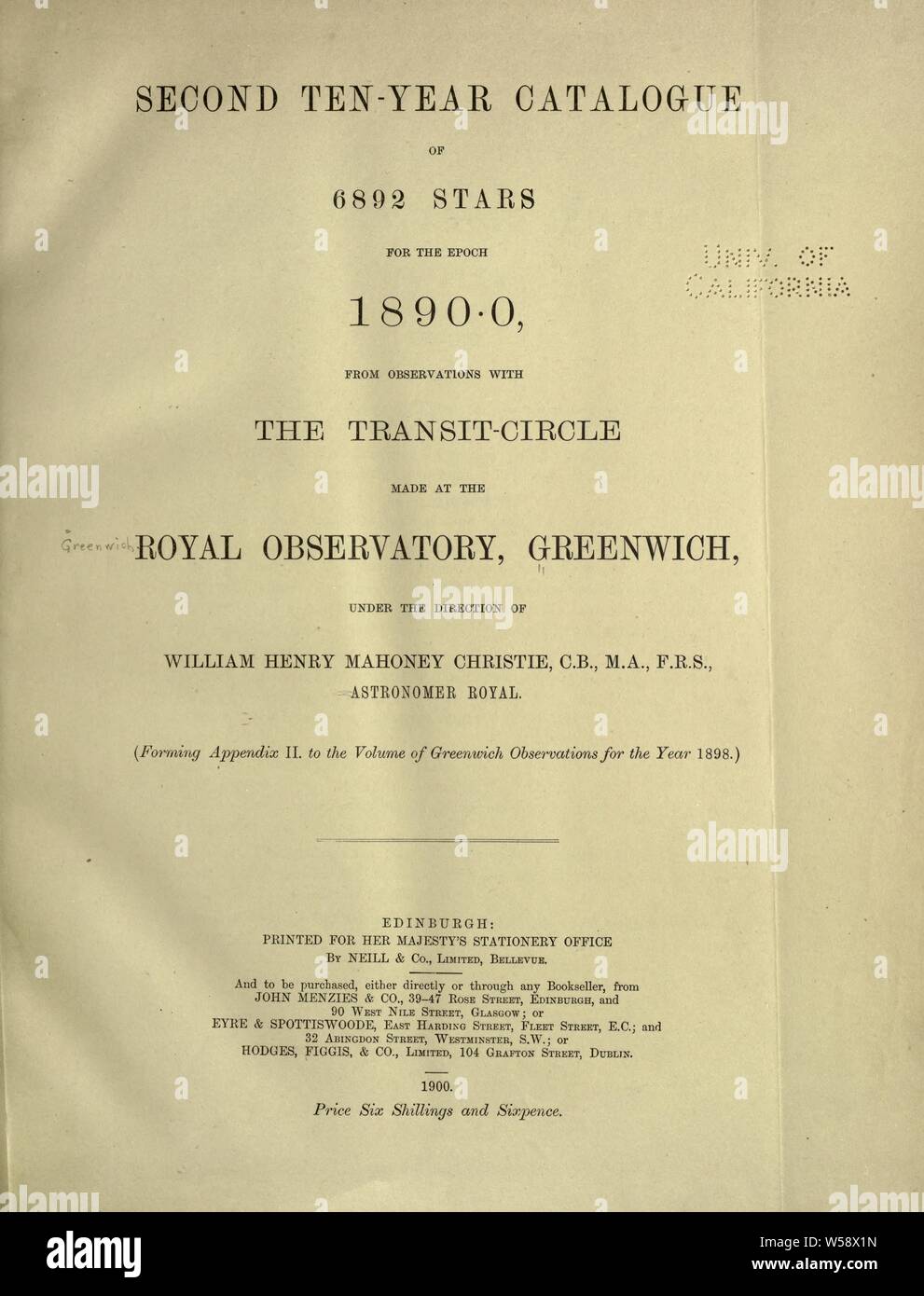 Zweite 10-jährige Katalog der 6892 Sterne für die Epoche 1890 · 0: Royal Greenwich Observatory Stockfoto