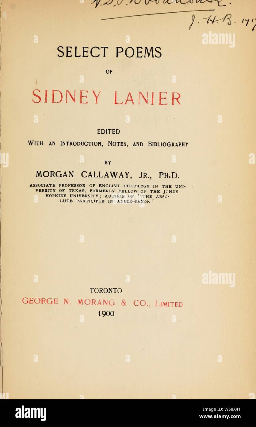 Wählen Sie Gedichte von Sidney Lanier: Lanier, Sidney, 1842-1881 Stockfoto