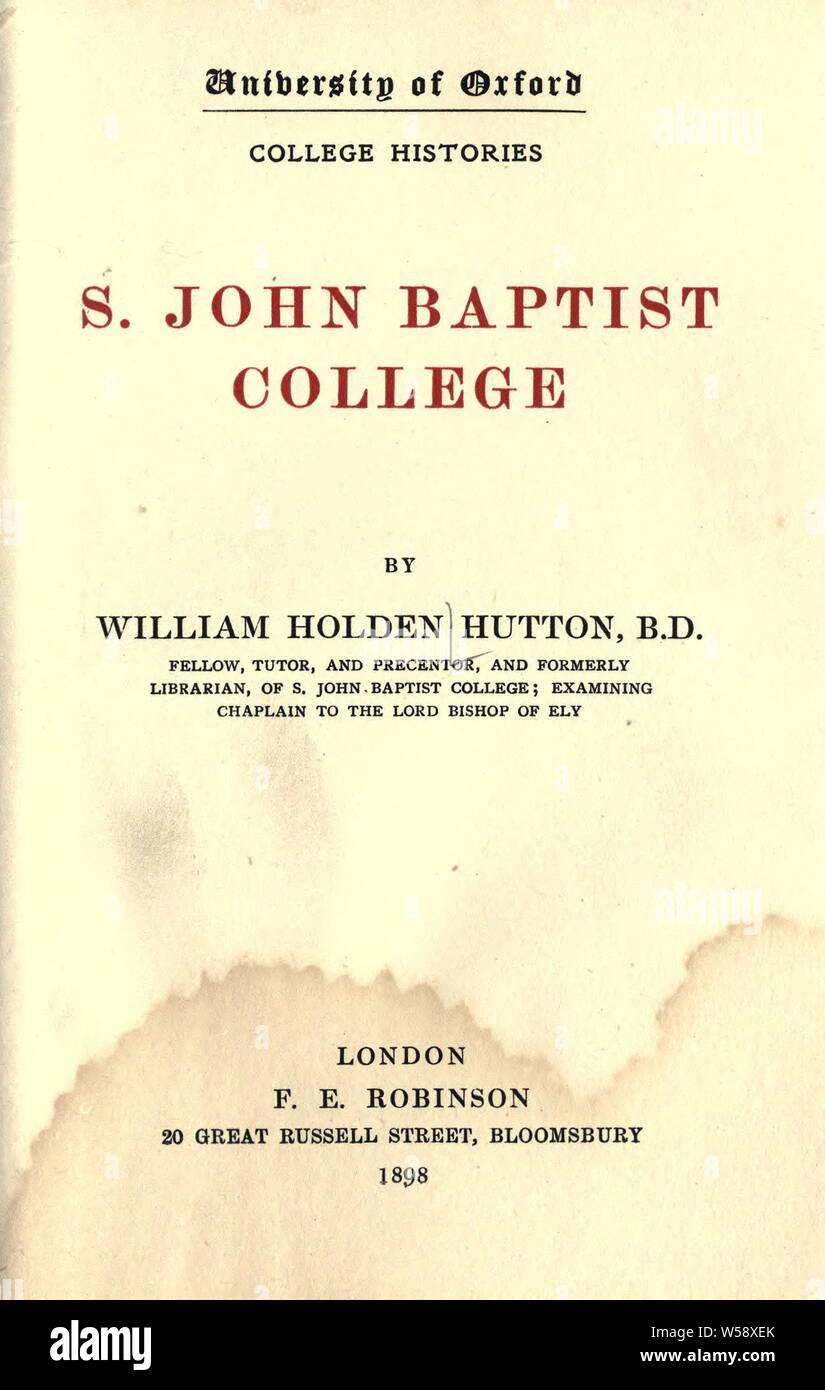 S. John Baptist College: Hutton, William Holden, 1860-1930 Stockfoto