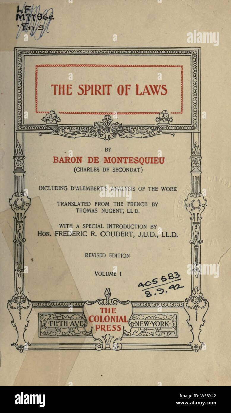 Der Geist der Gesetze, einschließlich d'Alembert's Analyse der Arbeit: Montesquieu, Charles de Secondat, Baron de, 1689-1755 Stockfoto