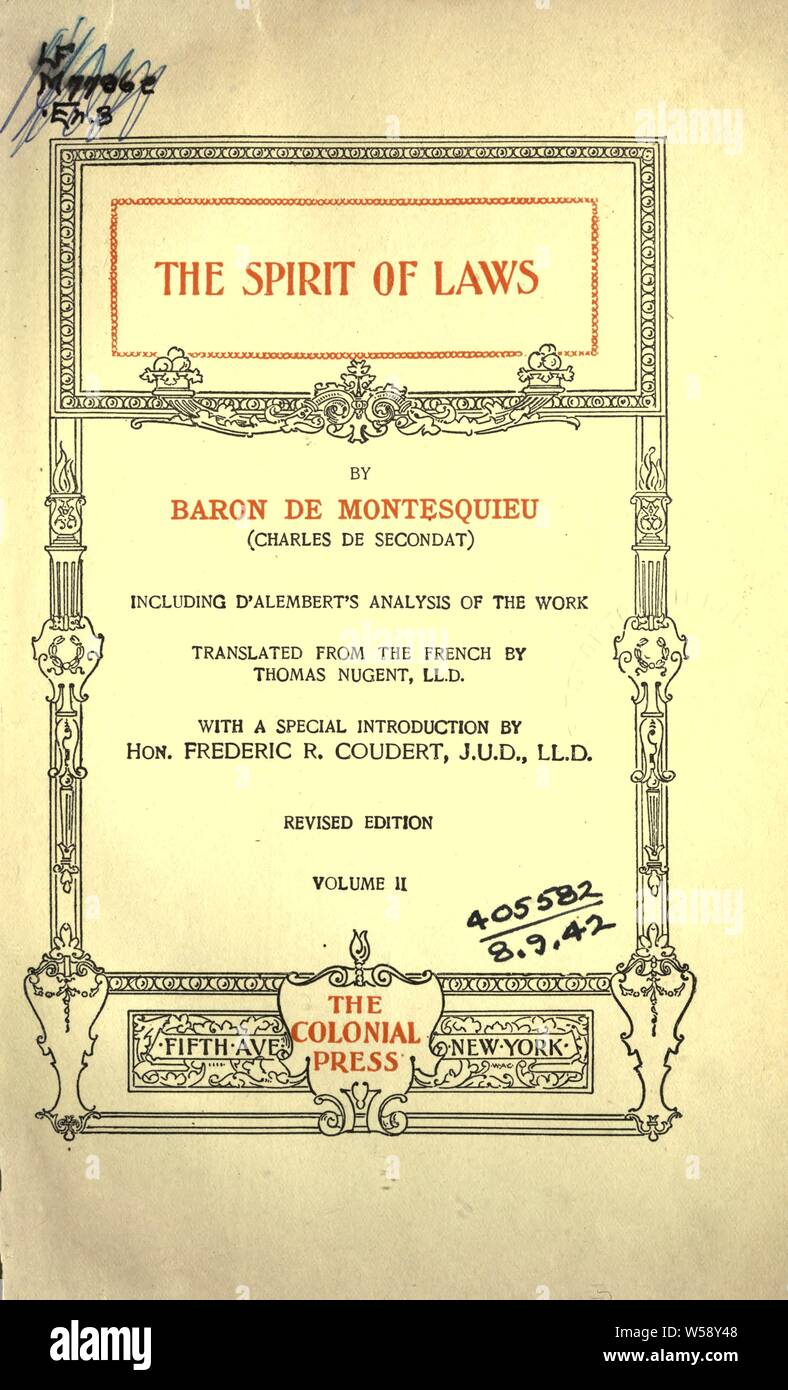 Der Geist der Gesetze, einschließlich d'Alembert's Analyse der Arbeit: Montesquieu, Charles de Secondat, Baron de, 1689-1755 Stockfoto