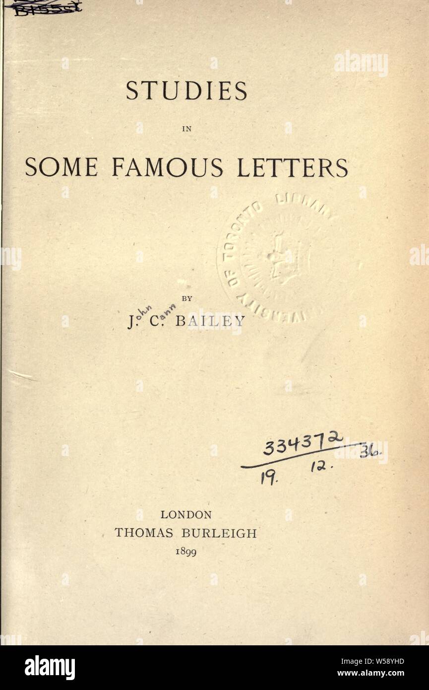 Untersuchungen in einigen berühmten Buchstaben: Bailey, John Cann, 1864-1931 Stockfoto