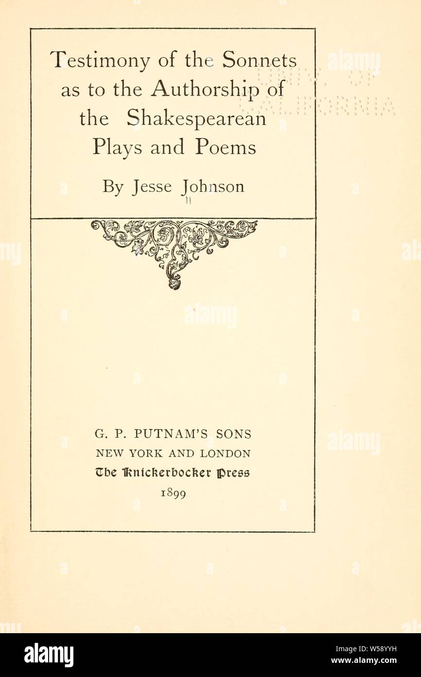 Zeugnis der Sonette in Bezug auf die Urheberschaft der Shakespeare Dramen und Gedichte: Johnson, Jesse, 1842 Stockfoto