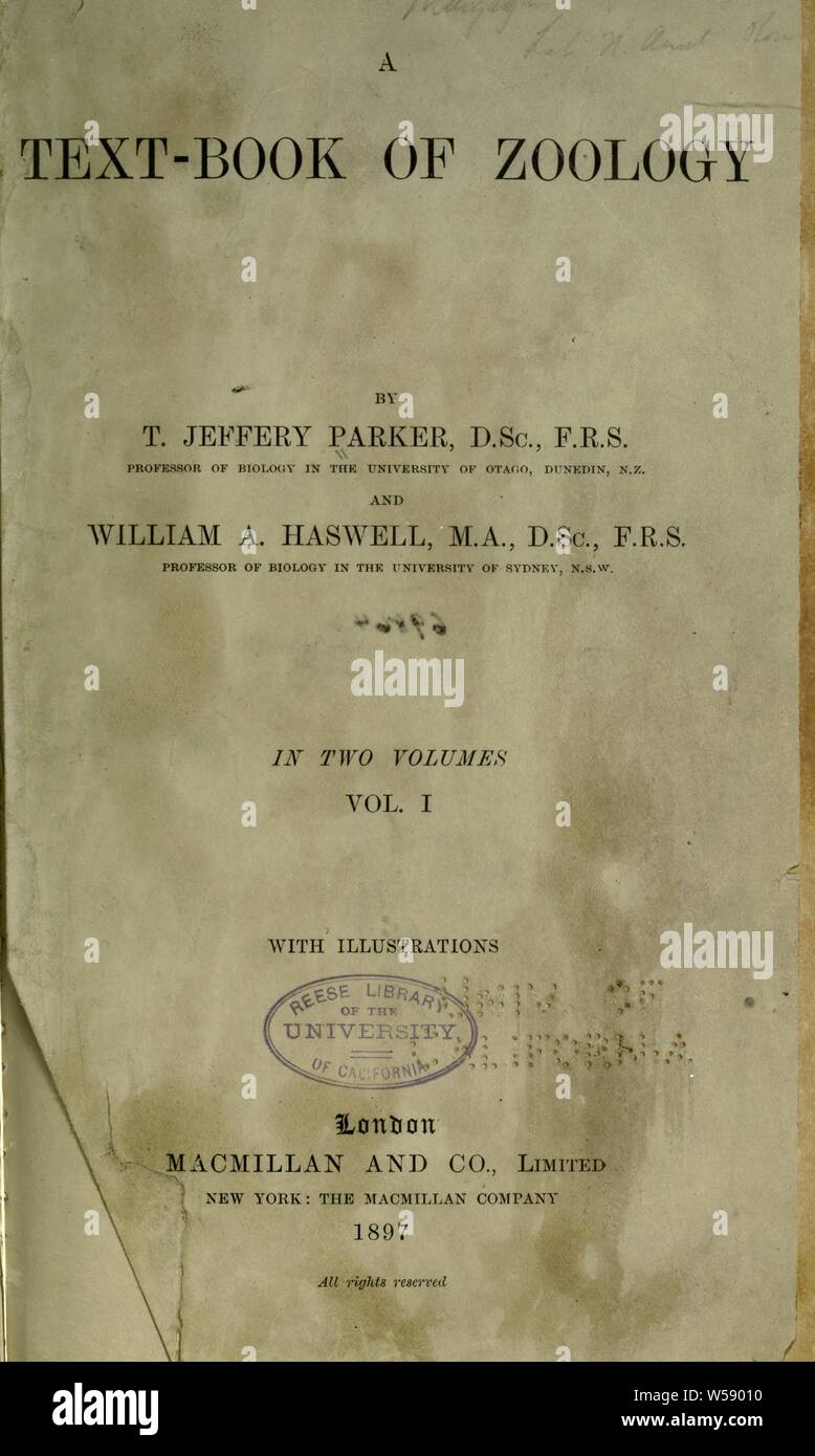 Ein Lehrbuch der Zoologie: Parker, Thomas Jeffrey, 1850-1897 Stockfoto