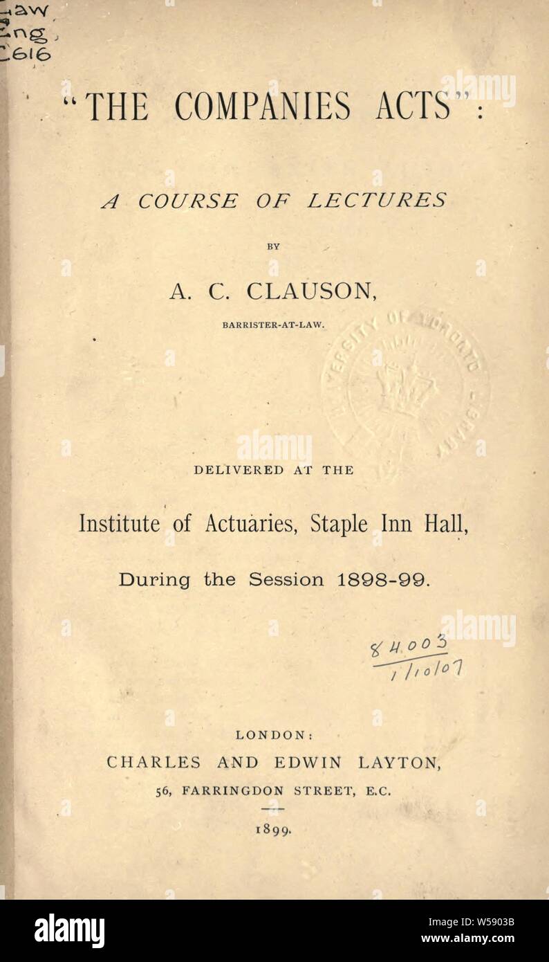 Das Unternehmen fungiert; eine Vortragsreihe am Institut für Aktuare, Heften Inn Hall, während der Session 1898-99: Clauson, A.C geliefert Stockfoto