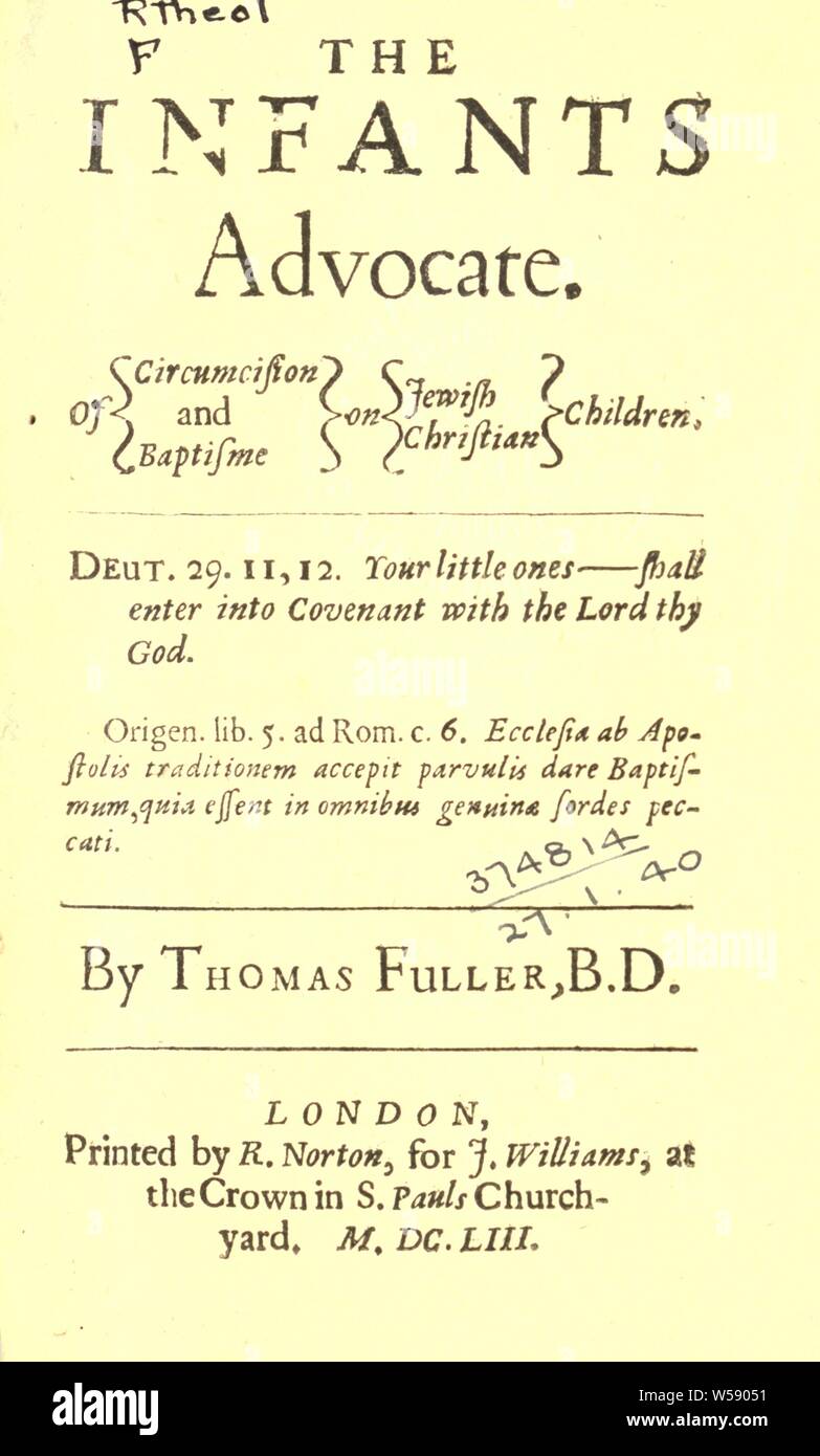 Die Kinder befürworten. Der Beschneidung und Baptisme auf Jüdische, christliche Kinder: Fuller, Thomas, 1608-1661 Stockfoto