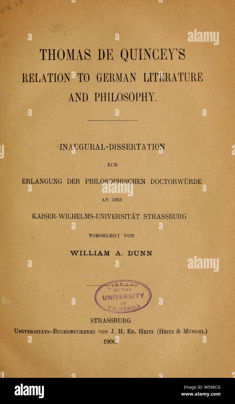 Thomas De Quincey in Bezug auf deutsche Literatur und Philosophie: Dunn, William A. (William Ashenhurst), 1873 Stockfoto