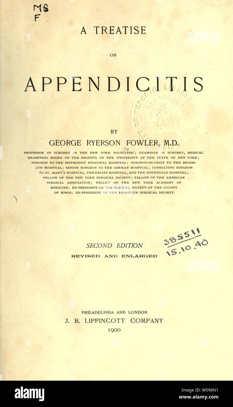 Eine Abhandlung über Blinddarmentzündung: Fowler, Ryerson, 1848 Stockfoto
