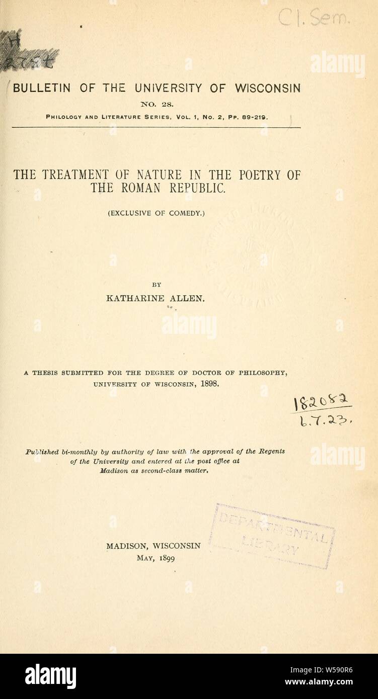 Die Behandlung der Natur in der Lyrik der Römischen Republik (exklusive der Komödie): Allen, Katharine Stockfoto