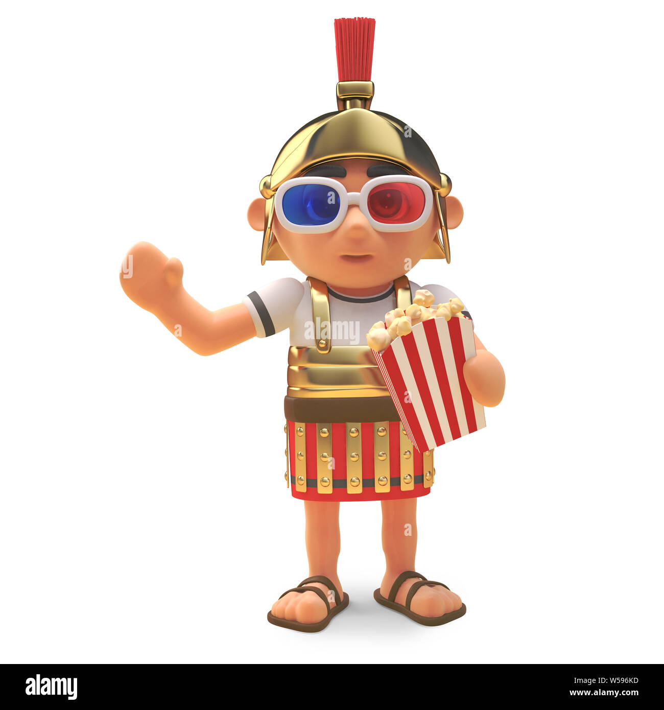 Edle römische Hauptmann Soldat an Cinema 3D-Brille tragen Essen Popcorn, 3d-Grafik rendern Stockfoto