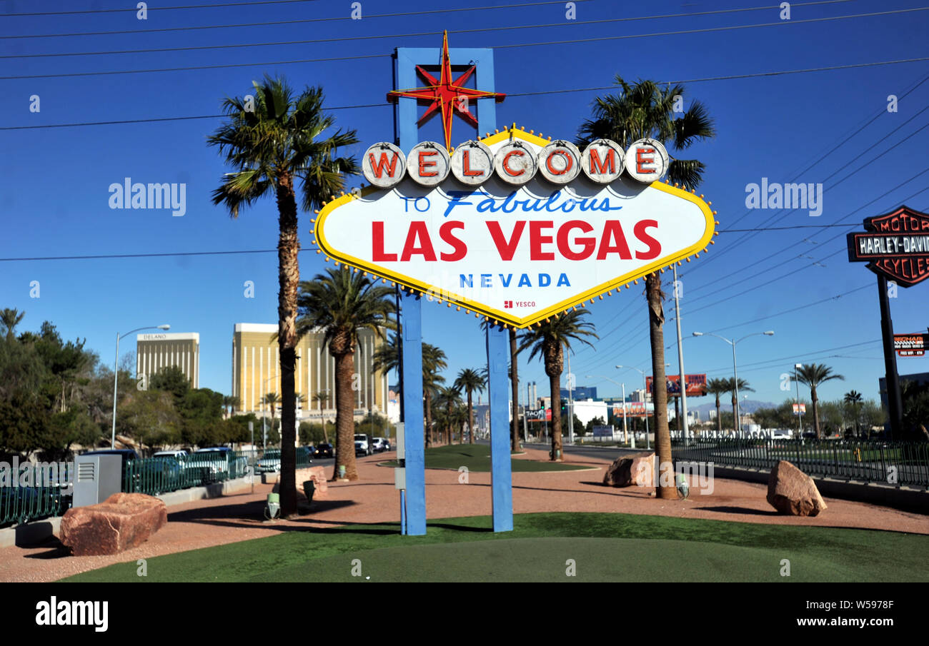 Die berühmten Willkommen in Las Vegas Schild am Eingang der Stadt am Las Vegas Boulevard, Nevada Stockfoto