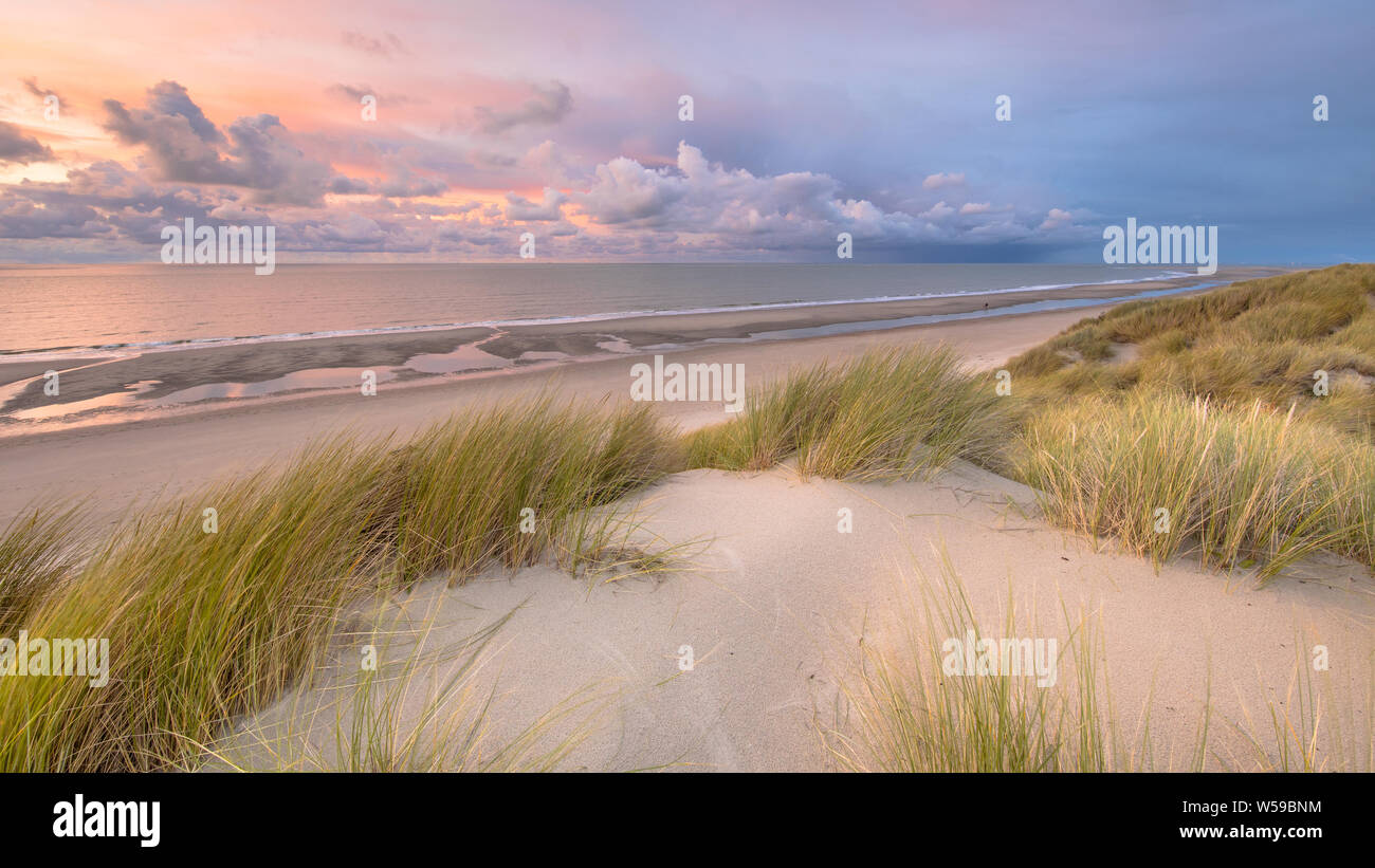 Blick auf den Sonnenuntergang von der Düne über Nordsee und Kanal in Zeeland, Niederlande Stockfoto