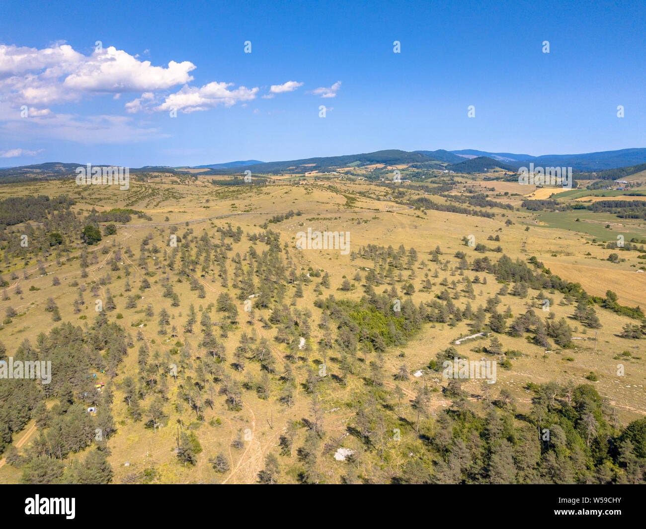 Bird's Eye Luftaufnahme von Kalkstein Kalkstein Karstlandschaft der Causse Noir in den Cevennen Frankreich Stockfoto