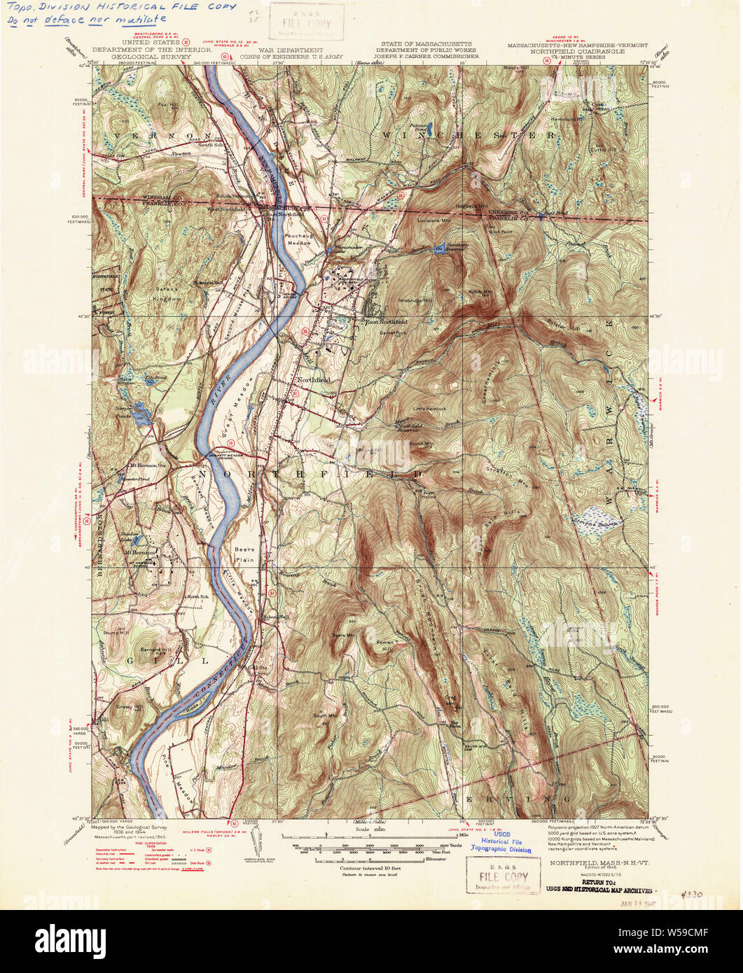 Massachusetts USGS historischen Topo Karte MA Northfield 352007 1946 31680 Wiederherstellung Stockfoto